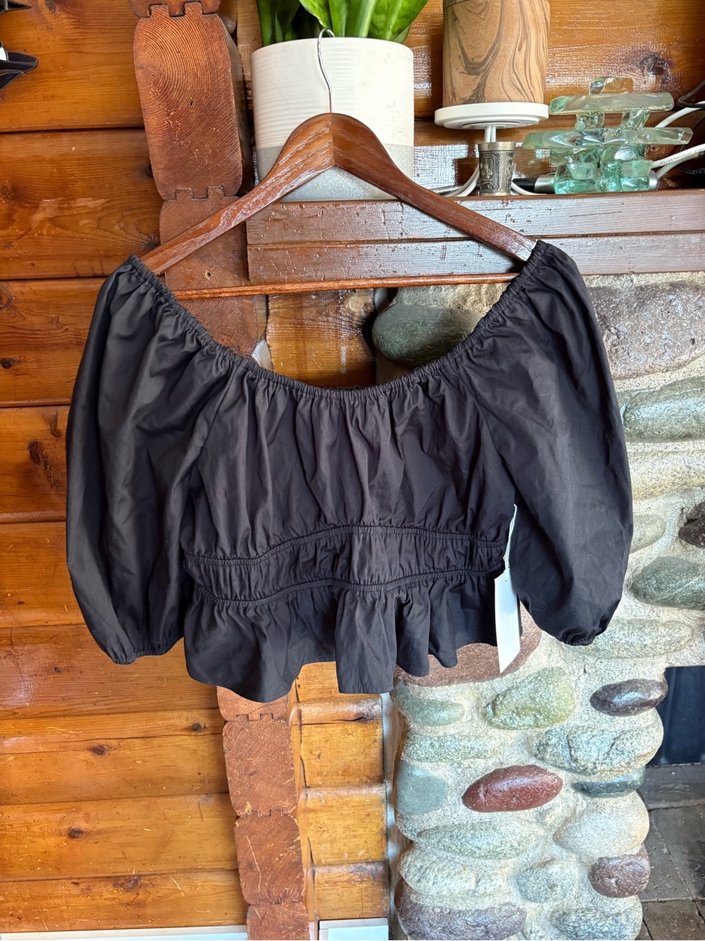 NWT Hudson North Black Cotton Puff Sleeve Peplum Top L
